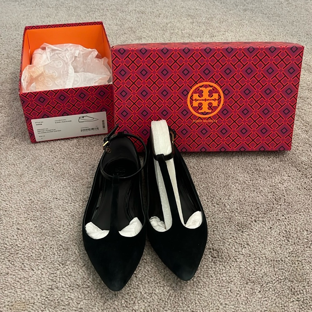 Tory Burch Ashton T-strap suede/patent leather shoes size 7 color black